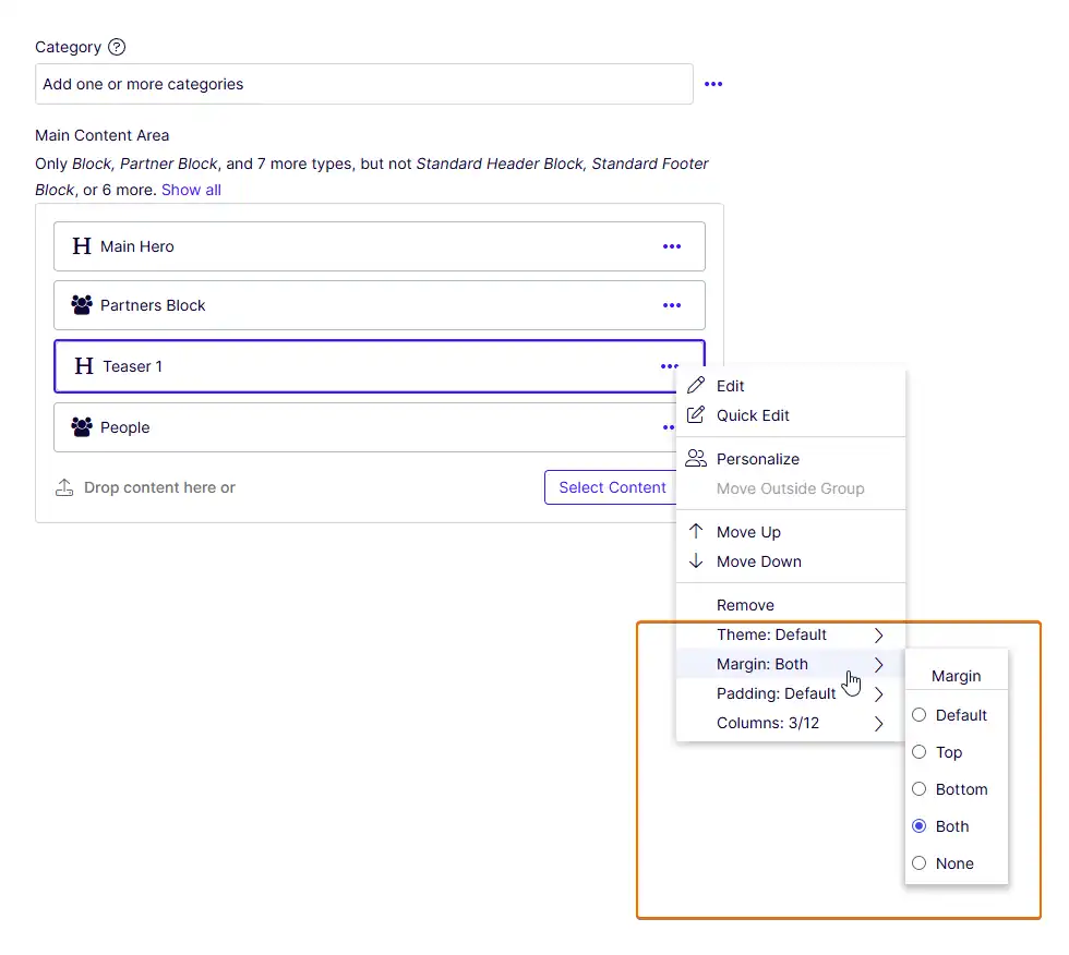 Content Area Item Options